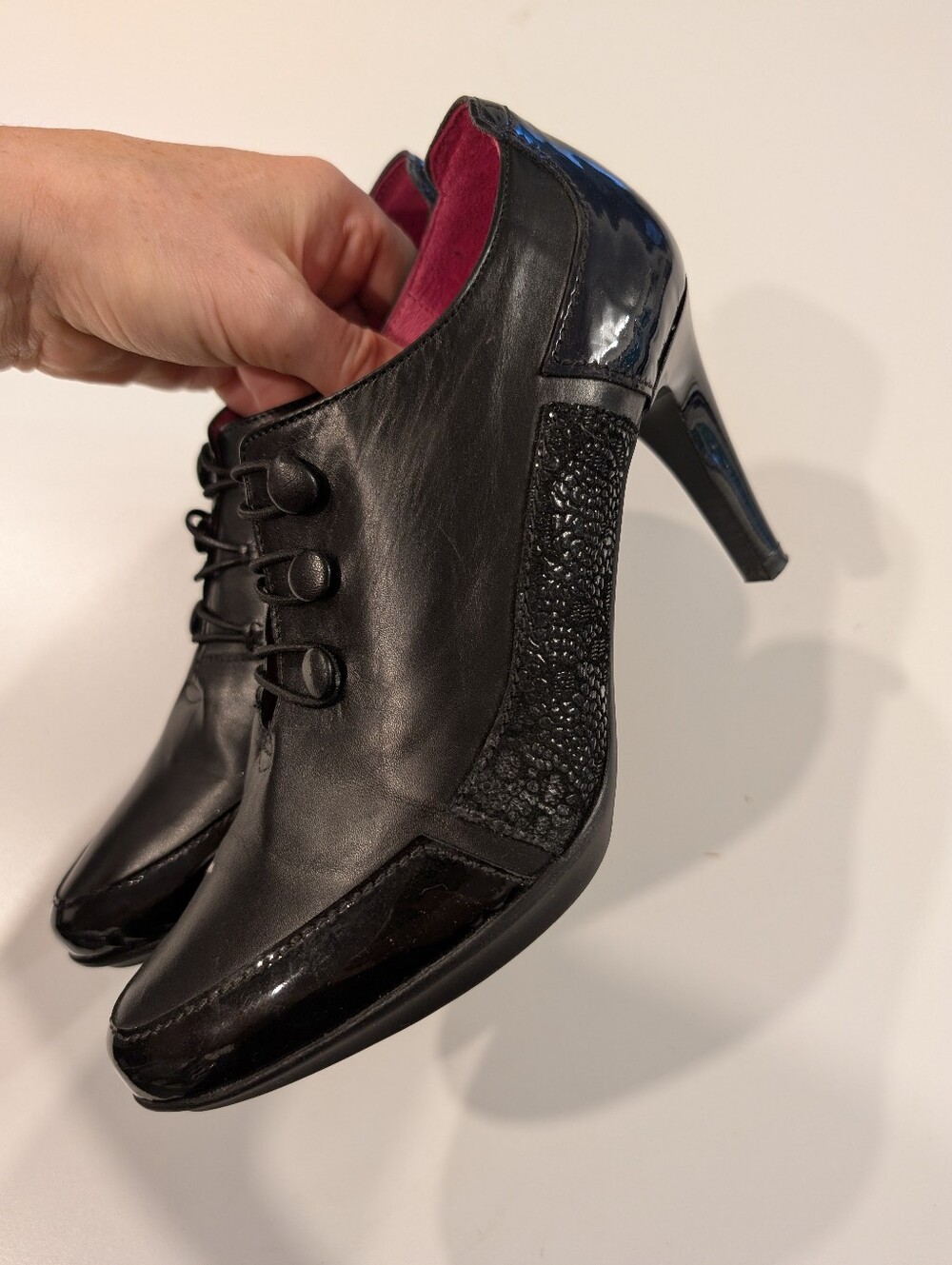 Chanii B Heeled Booties Size 6.5 Shiny Black Leather Ankle Boots Military Heels